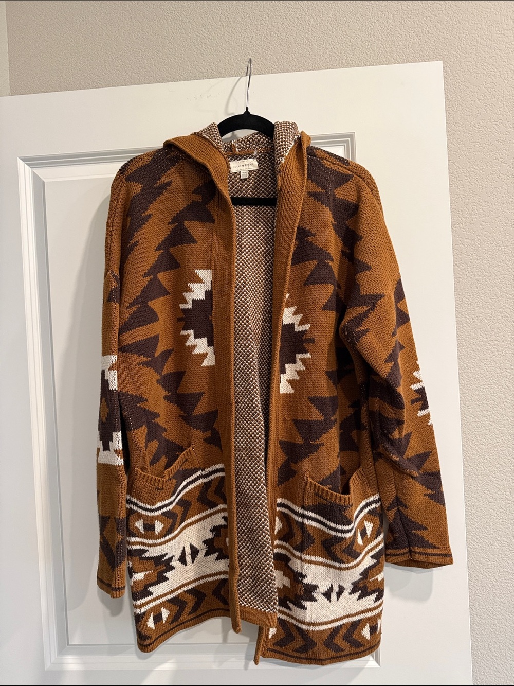 Lucky Brand 🍀 Brown Hooded Aztec Knit Cardigan Sweater